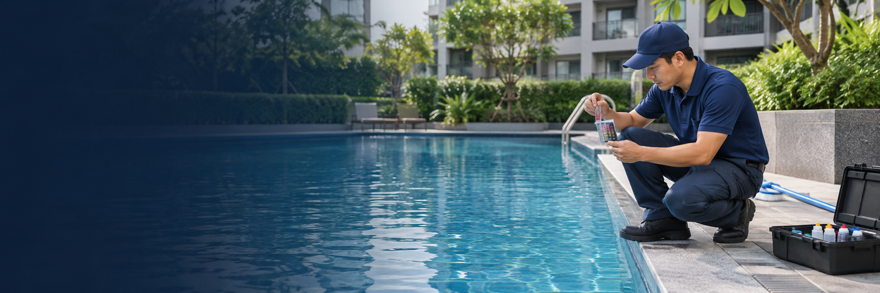 Technician maintaining a condominium swimming pool in Singapore