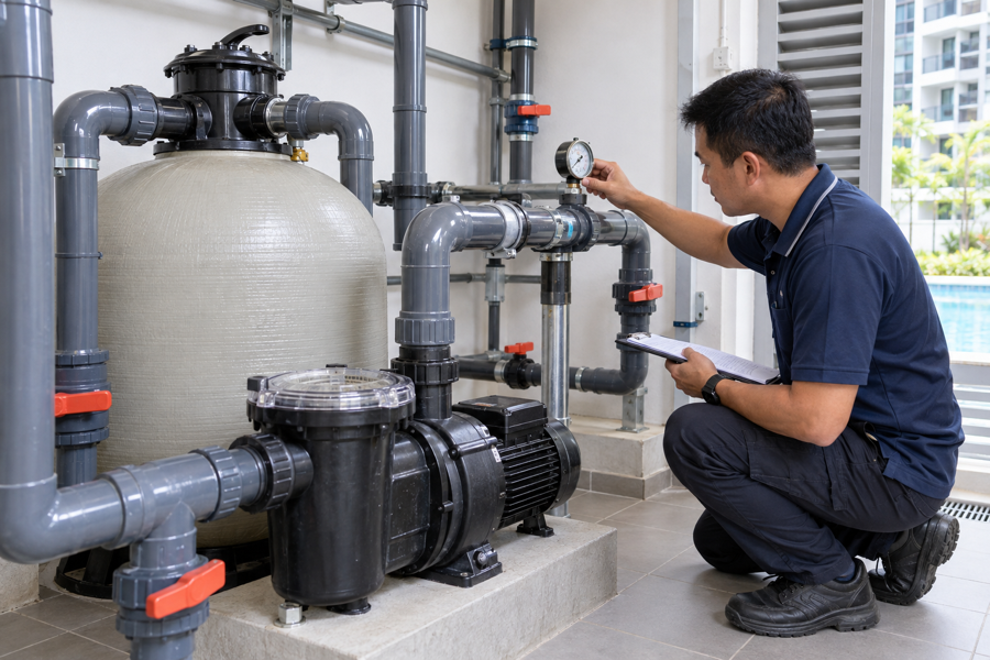 Inspecting pool filtration equipment and operating gauges
