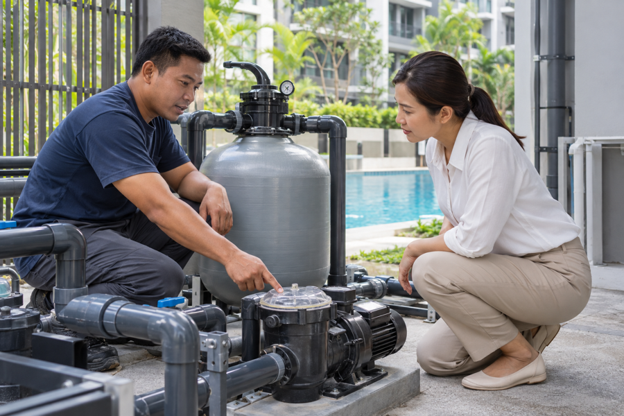 Pool technician reviewing equipment with a facility representative