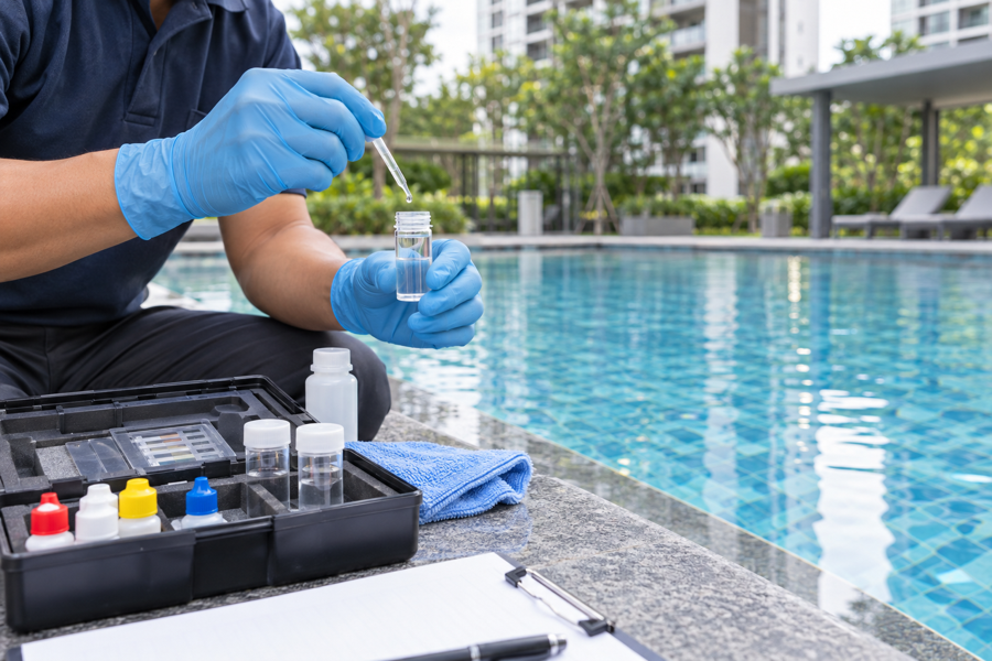 Technician testing water at a shared swimming pool