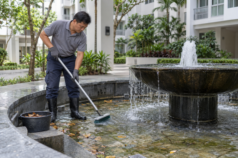 Cleaning leaves and deposits from a fountain basin