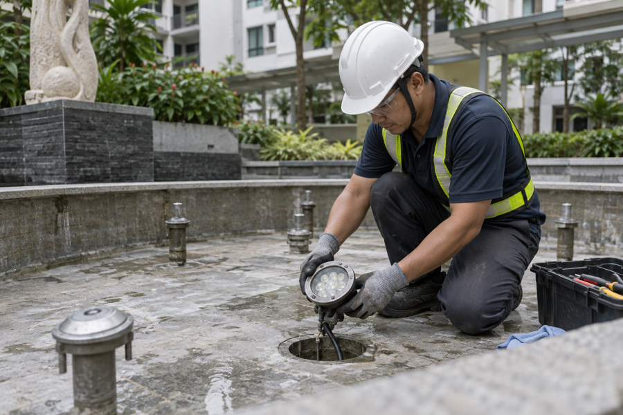 Replacing an underwater light in a drained fountain basin