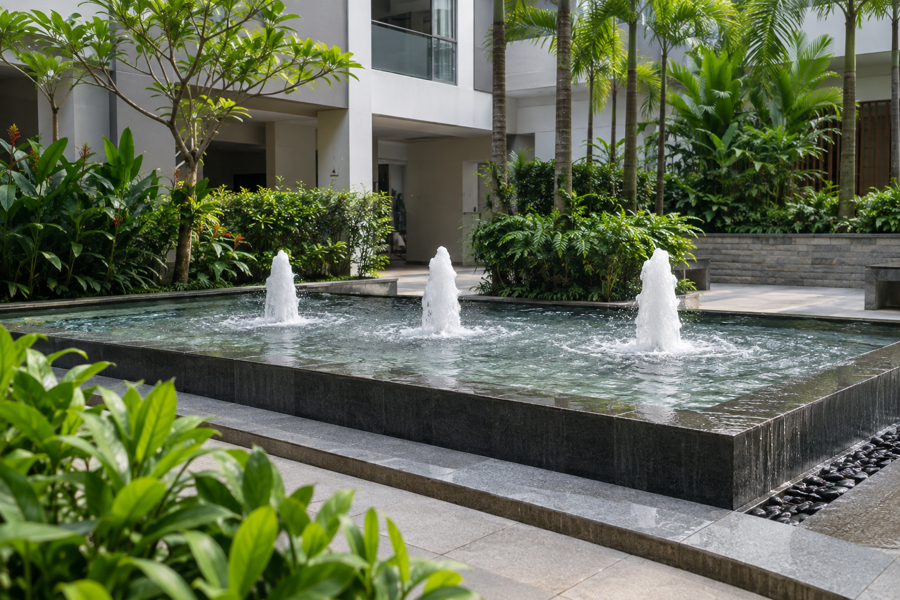 Clean condominium courtyard fountain after maintenance