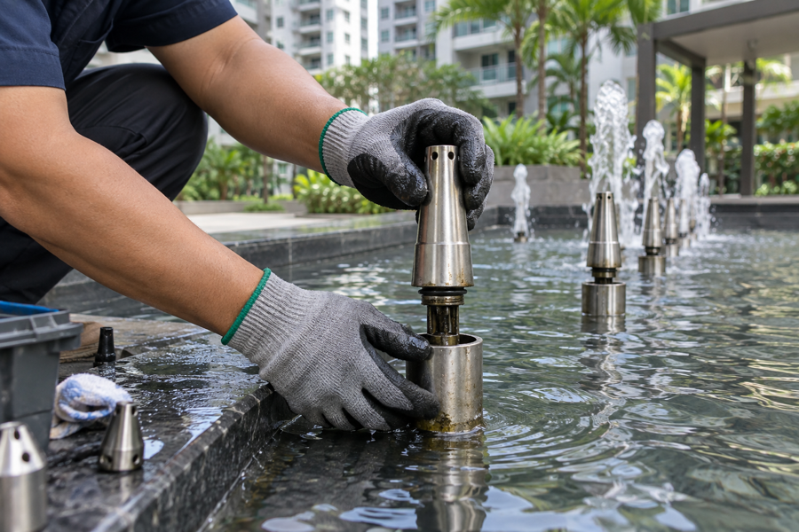 Servicing and aligning stainless steel fountain nozzles