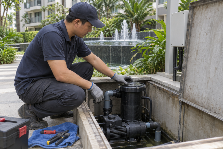 Inspecting a fountain pump and filtration system