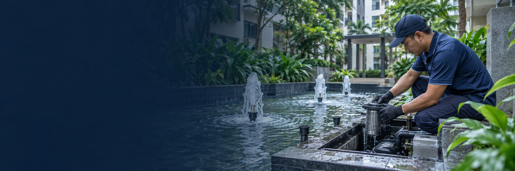 Technician maintaining a condominium fountain in Singapore