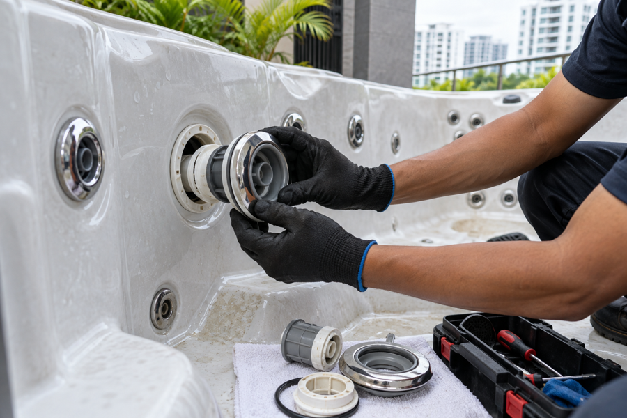 Technician servicing a jacuzzi jet fitting