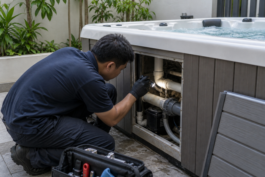 Inspecting accessible jacuzzi pipework for a leak