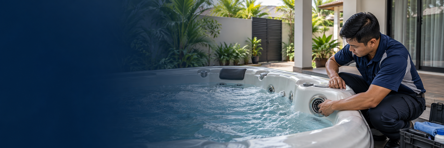 Technician inspecting a jacuzzi at a Singapore property