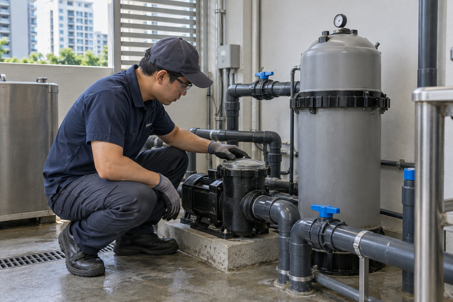 Inspecting jacuzzi pump and filter equipment