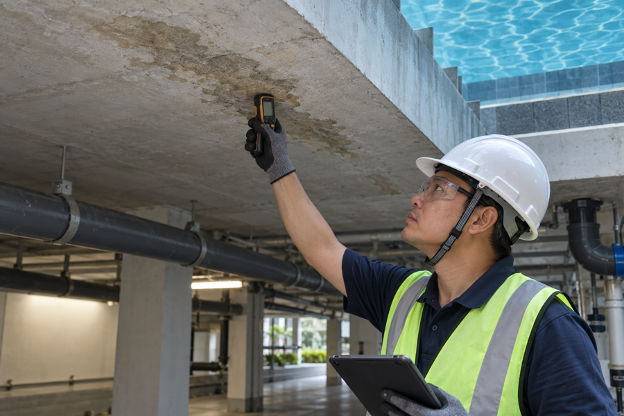 Checking dampness beneath a condominium swimming pool