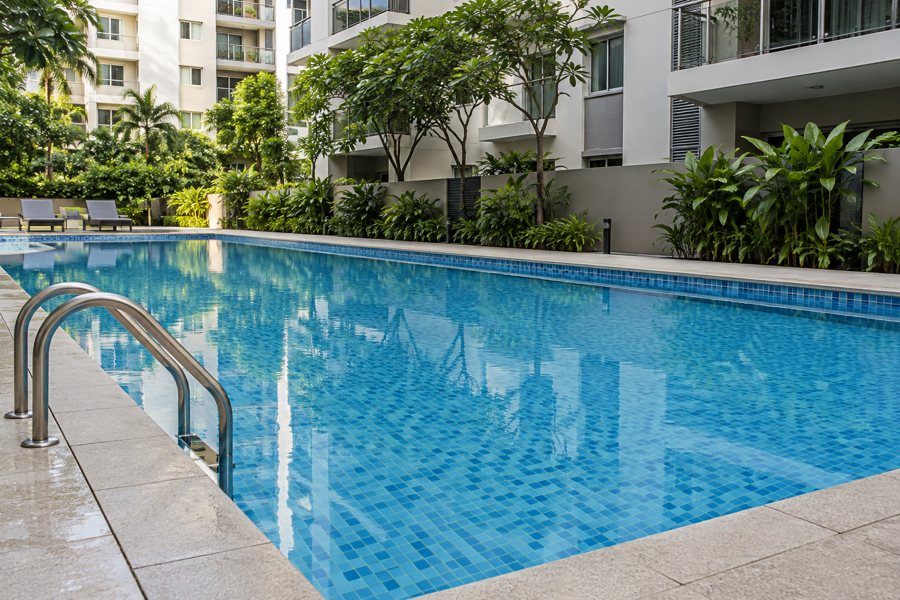 Repaired and refilled condominium swimming pool