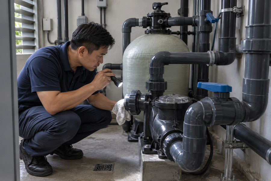 Inspecting swimming pool pipework and pump connections for leaks