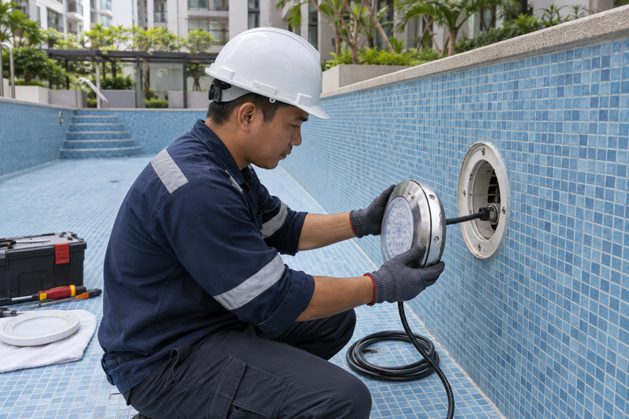 Replacing an underwater pool light in a drained pool