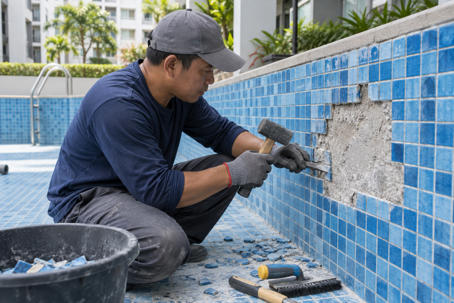 Technician removing worn swimming pool tiles before renovation