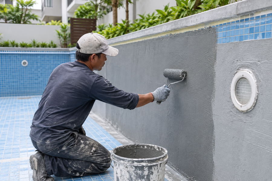 Applying a waterproofing layer inside a drained swimming pool